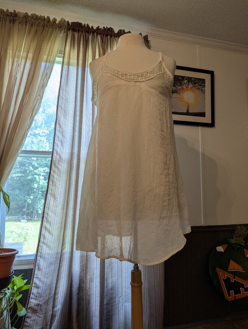 H&M Cream Crochet-Trim Spaghetti Strap Mini Dress